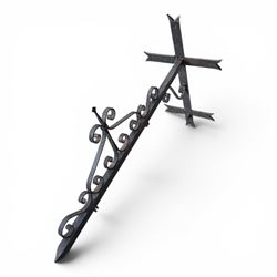 Antique wrought iron sign bracket, with strapwork scroll decoration and arrow form support, in weathered black painted finish