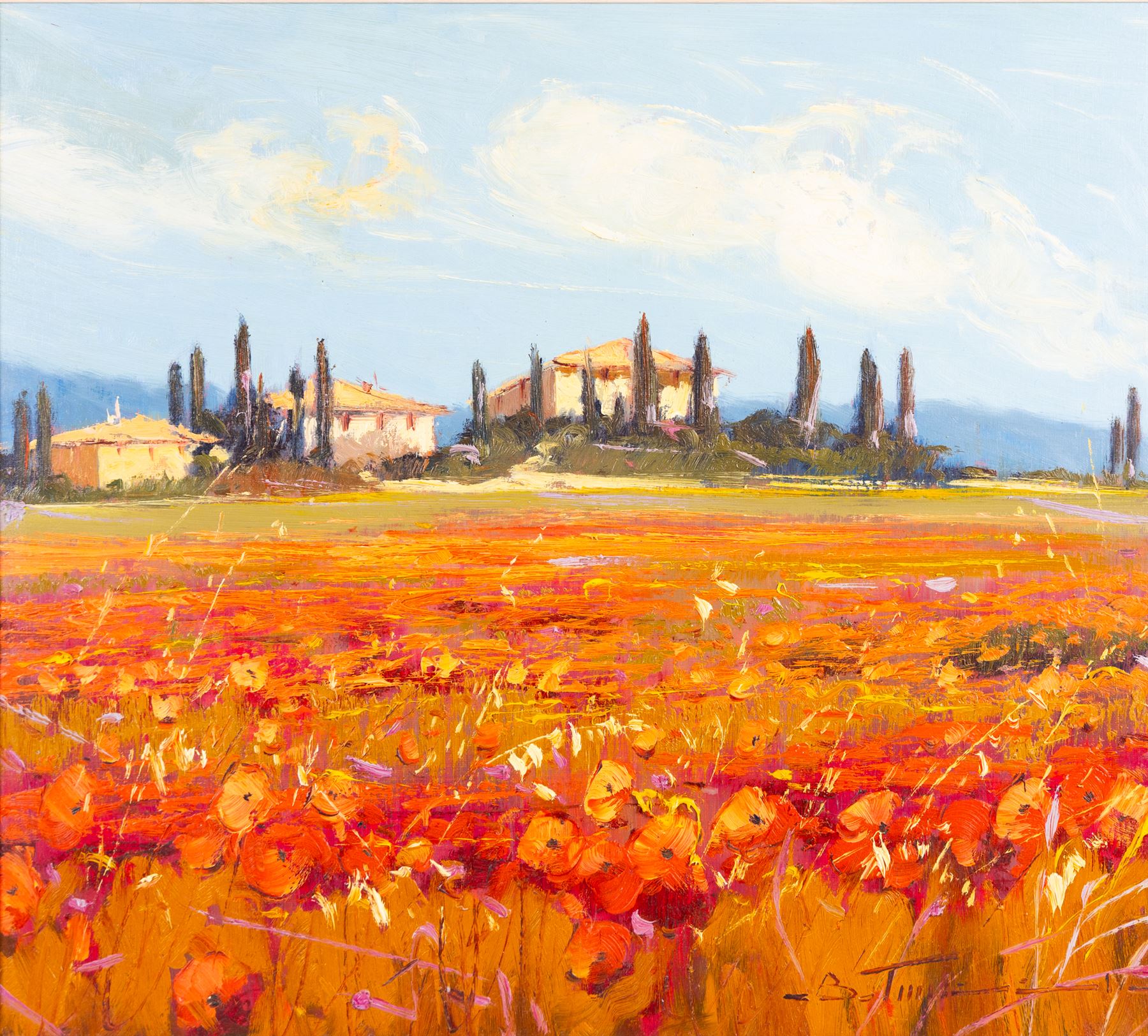 Bruno Tinucci (Italian 1947-): 'Il Sole di Mezzogiorno VI' - Poppy Fields, oil on canvas signed, titled on Platinum Galleries certificate 44cm x 49cm 