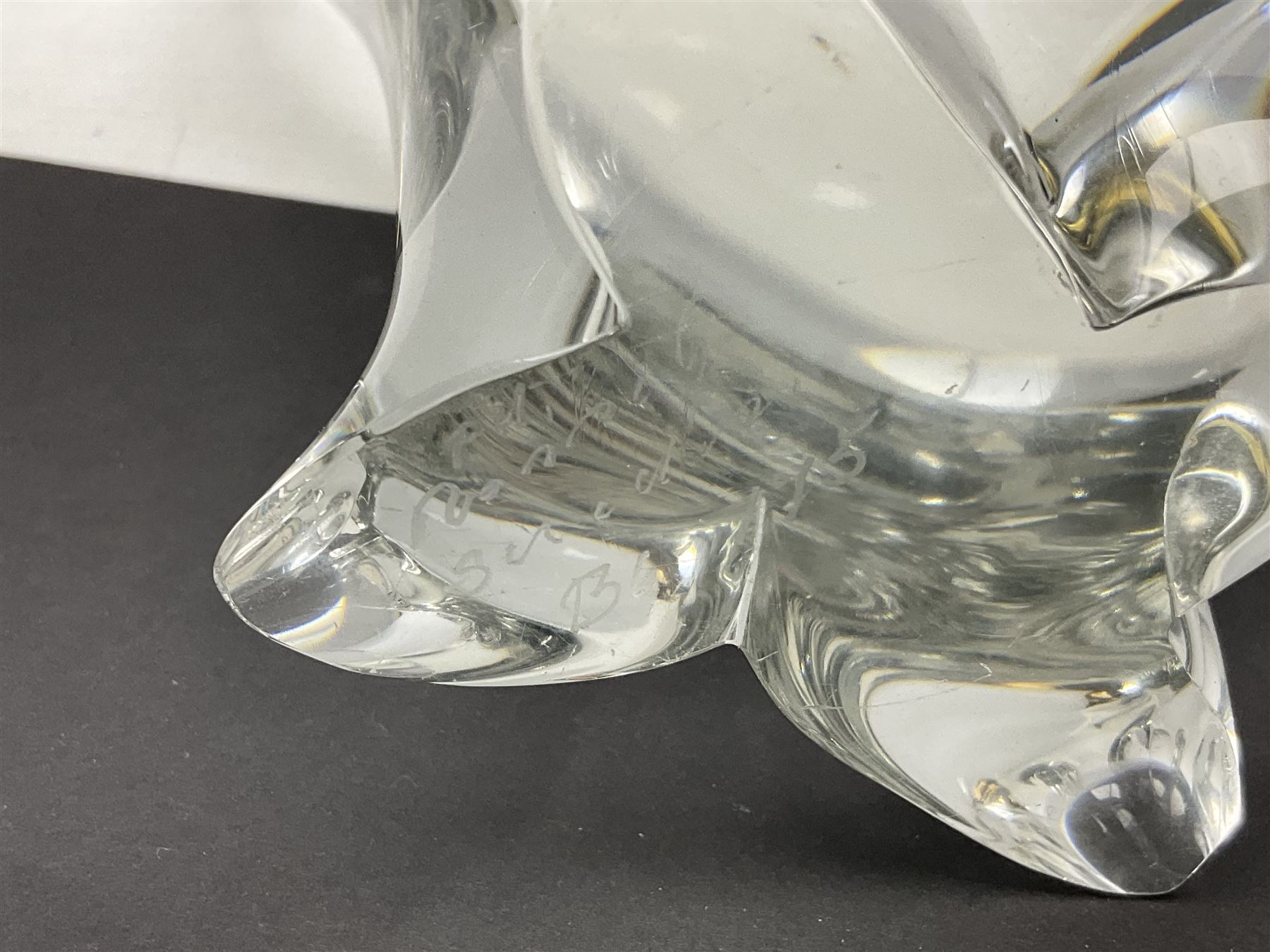 FM Ronneby Sweden large bear paperweight, together two glass penguins, one signed, small Hadeland bear and other glass animals. FM bear H9cm 