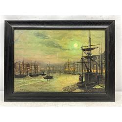 After Walter Linsley Meegan (British c1860-1944): Whitby Harbour by Moonlight, oil on canvas laid on to board bears signature 37cm x 58cm