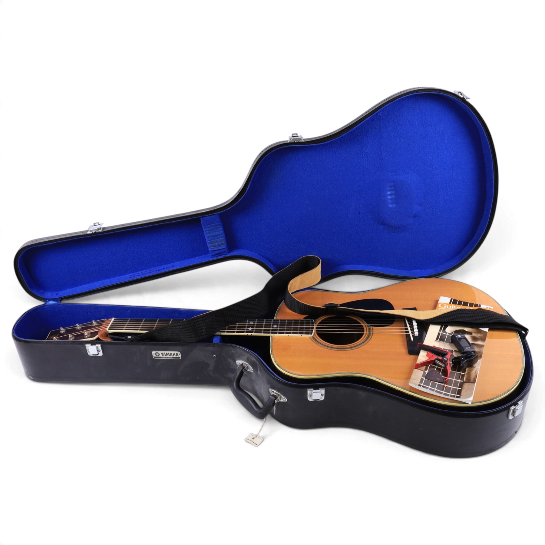 Yamaha FG-1200J acoustic guitar, made in Taiwan circa 1976, serial no. 60714221, with mother of pearl inlay to body, finger board and back, contained within a fitted hardcase, L103cm