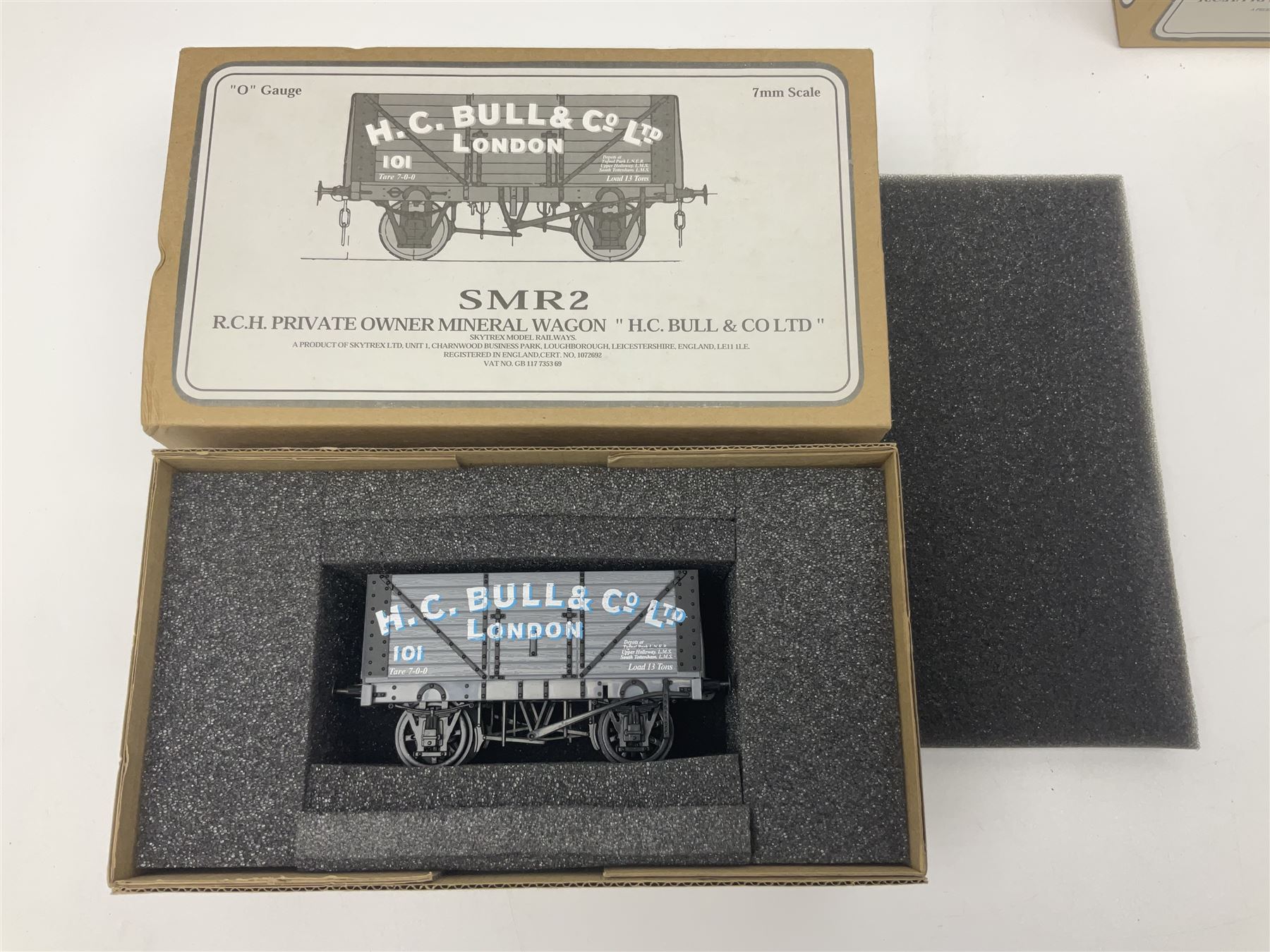 '0' gauge - two Finescale Wagons by Skytrex, SMR2 kit-built and painted for H.C. Bull & Co Ltd; both boxed; and Peco unmade wagon kit in opened packaging (3)