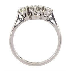 18ct white gold three stone old cut diamond ring, Birmingham 1964, principle diamond approx 0.60 carat, total diamond weight approx 0.85 carat