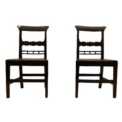 Pair 19th century country elm chairs, cresting rails over shaped middle rails and plank seats, square tapering supports joined by plain stretcher rails