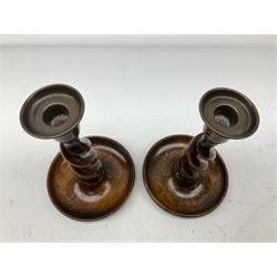 Pair of oak barley twist candlesticks, together with a Victorian cast iron seal embossing press / Franking machine, and further box painted with ship scene containing a quantity of toothpicks, tallest H21cm
