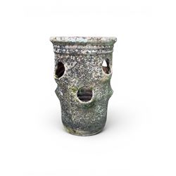 Set of five weathered terracotta strawberry pots, circular form with ribbed top