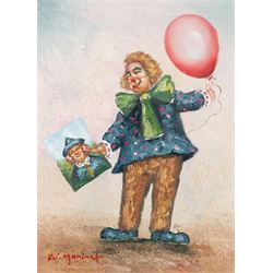 William Moninet (American 1937-1999): Circus Clowns and Clown with a Balloon, pair of oils on canvas board signed 39cm x 29cm (2)