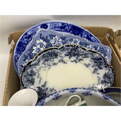 Two Bing & Grondahl blue and white plates, Mason's ironstone Java pattern dish, along with two Brocade pattern plates and two Blue Mandalay pattern plates, studio pottery tealight holder, Portmeirion forks etc