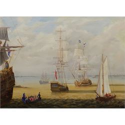 English School (20th century): 19th century Battleships in Calm Waters, oil on canvas indistinctly signed 36cm x 49cm