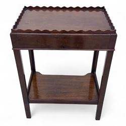 Living room items, comprising an 18th century design mahogany tray top table, the removable tray with shaped gallery, brass carrying handles and undertier stand, together with a French side chair with upholstered seat and X-stretcher base (Table H 74cm, W 54cm, D 36cm, chair H 94cm, W 41cm, D 42cm)