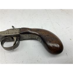 Mid 19th century double barrel percussion muff pistol, joined 7cm octagonal barrels with walnut stock19cm overall; a matching single barrel muff pistol 17cm overall (2)