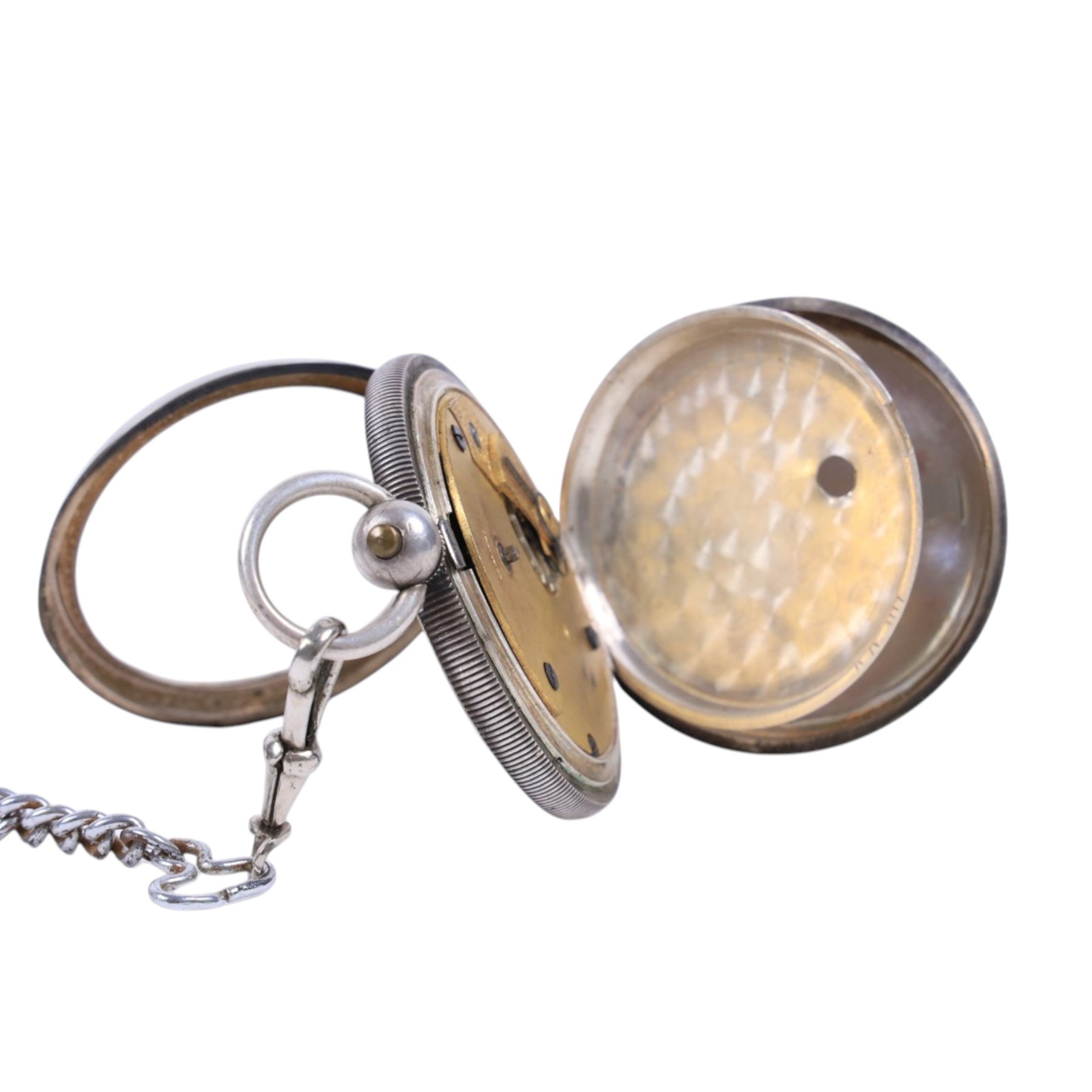 Silver pocket watch on silver plated chain, gold plated Garrard pocket watch with presentation engraving on reverse and one other