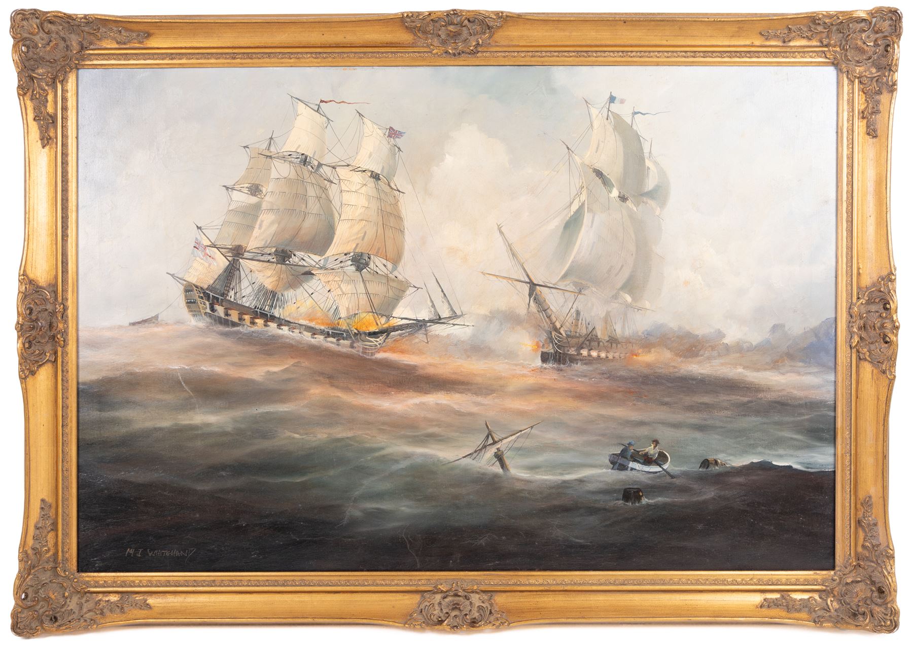 Michael J Whitehand (British 1941-): Naval Battle, oil on canvas signed 60cm x 90cm 