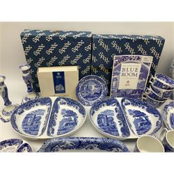 Collection of Spode blue and white ceramics, in italian and zoological  patterns, together with items from the spode blue room collection, to include pair of candlesticks, hors d'oeuvres dish, vase, dinner plate, four teacups and saucers, side plates, dessert plates, etc (47)