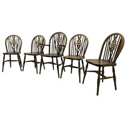 Set of nine (8+1) 20th century stained beech wheel back dining chairs, hoop and stick back over turned supports joined by H-stretchers