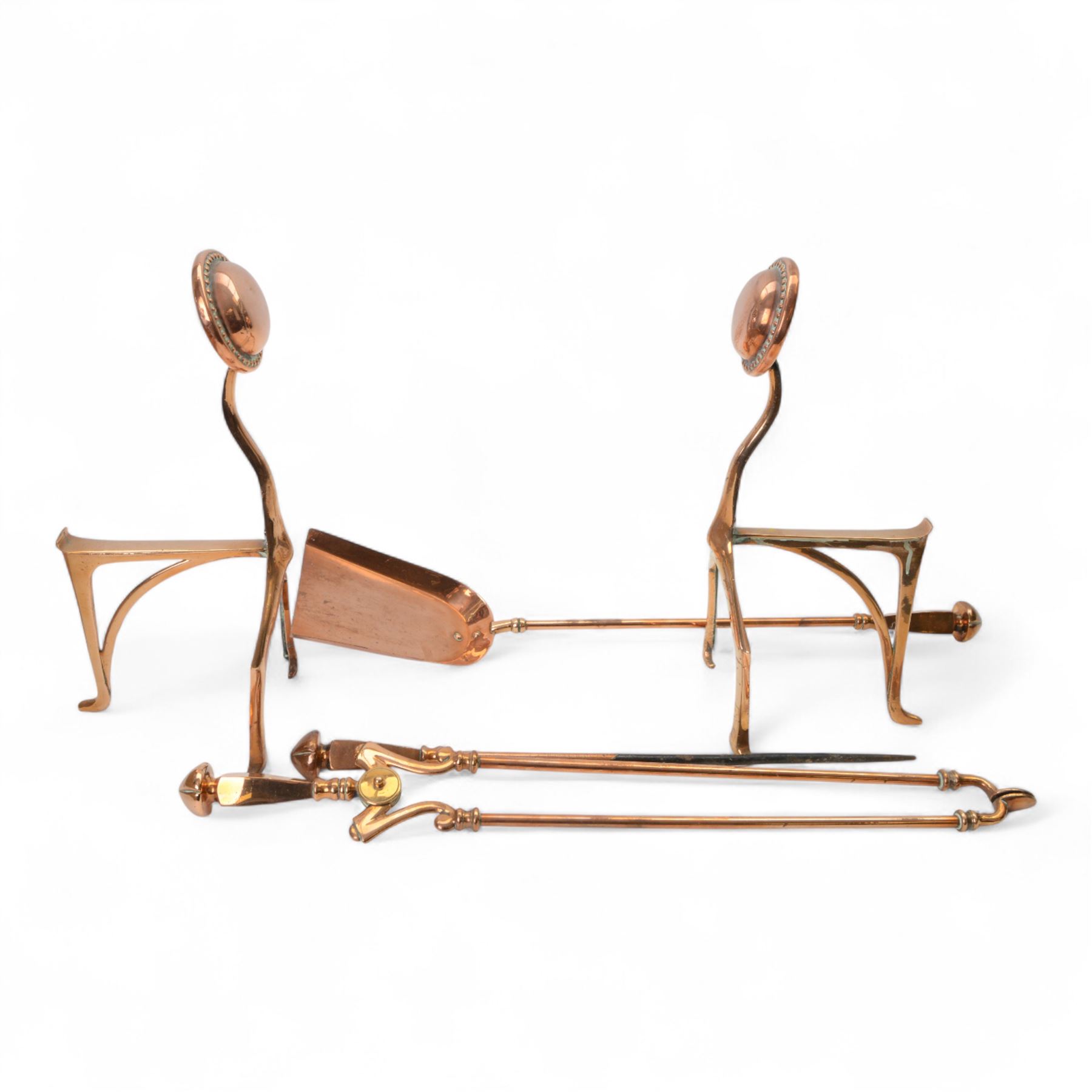 19th century copper companion set and fire dogs, dogs H40cm