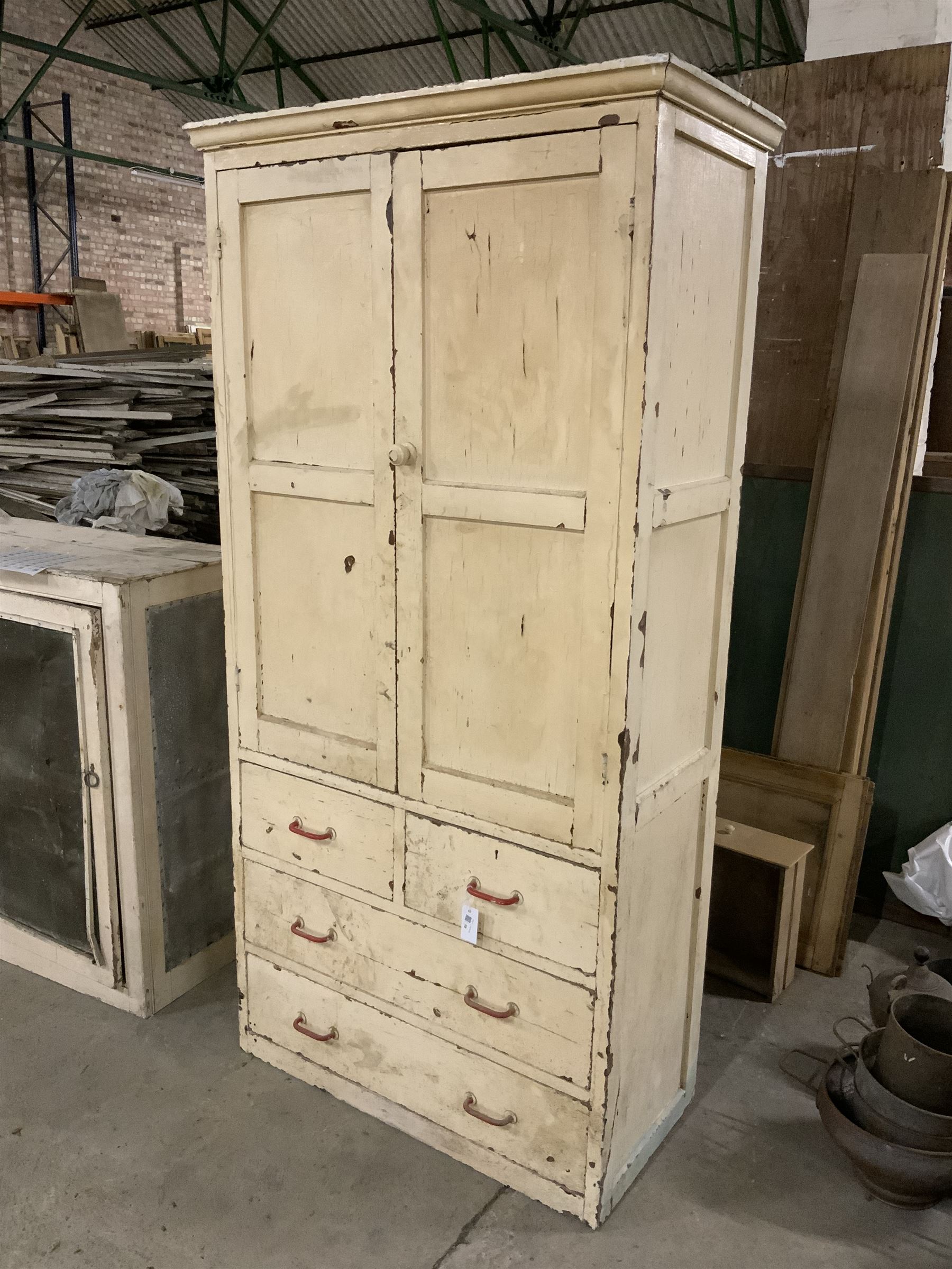 19th century painted pine wardrobe cupboard, fitted with two panelled doors, two short and two long drawers - THIS LOT IS TO BE COLLECTED BY APPOINTMENT FROM THE OLD BUFFER DEPOT, MELBOURNE PLACE, SOWERBY, THIRSK, YO7 1QY