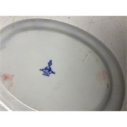 Mintons Delft blue and white dinner wares, to include three graduating oval platters, six dinner plates, six dessert plates and six side plates, tureen with cover and two sauce boats