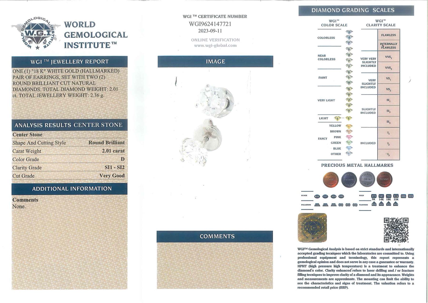 Pair of 18ct white gold round brilliant cut diamond stud earrings, stamped, total diamond weight 2.01 carat, with World Gemological Institute report