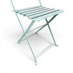 Wrought metal folding garden table, with painted wood plank top; and four matching folding chairs