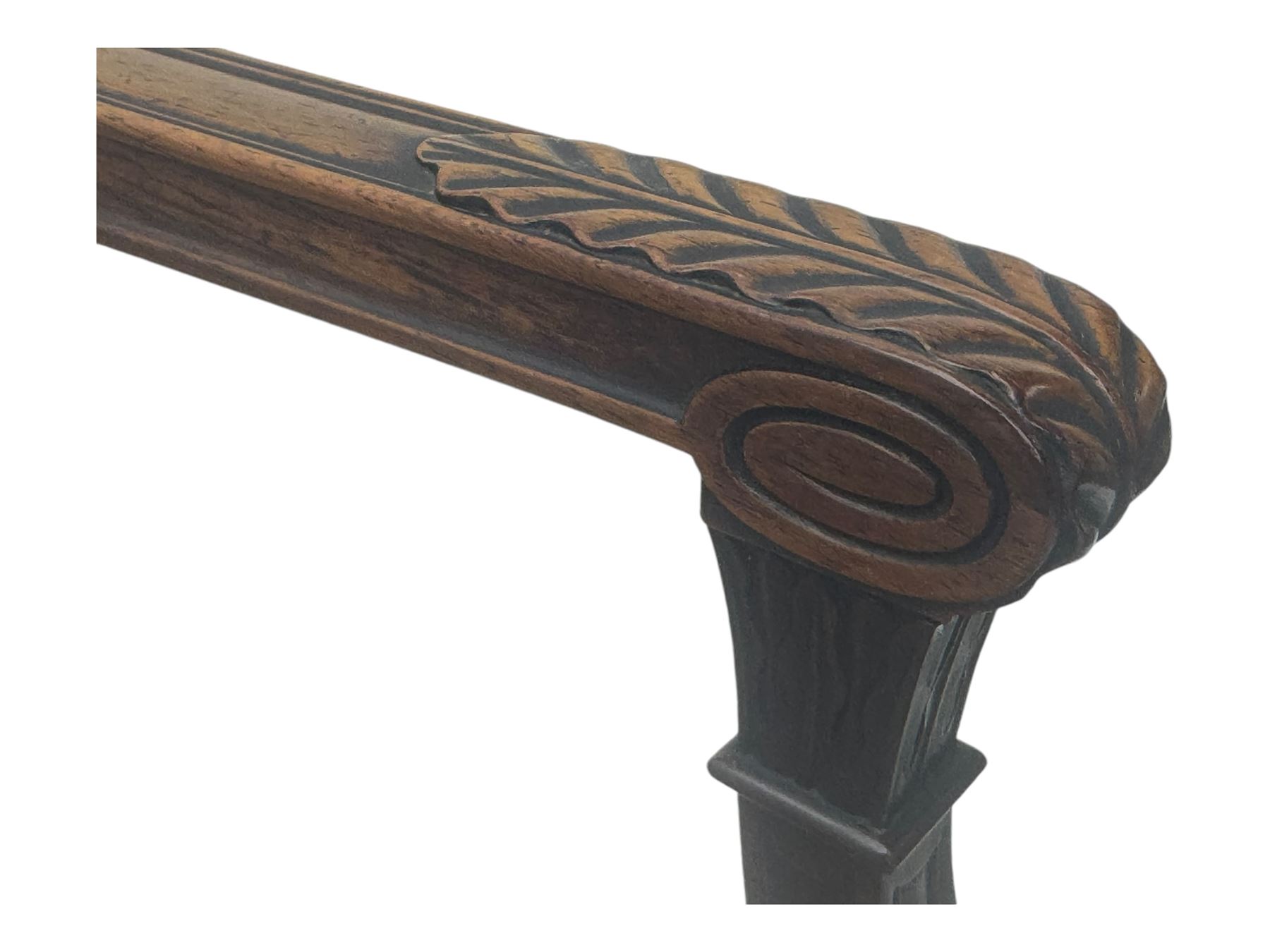 Late 19th century mahogany open armchair, lattice splat back, acanthus carved arm terminals, on square tapering supports with spade feet