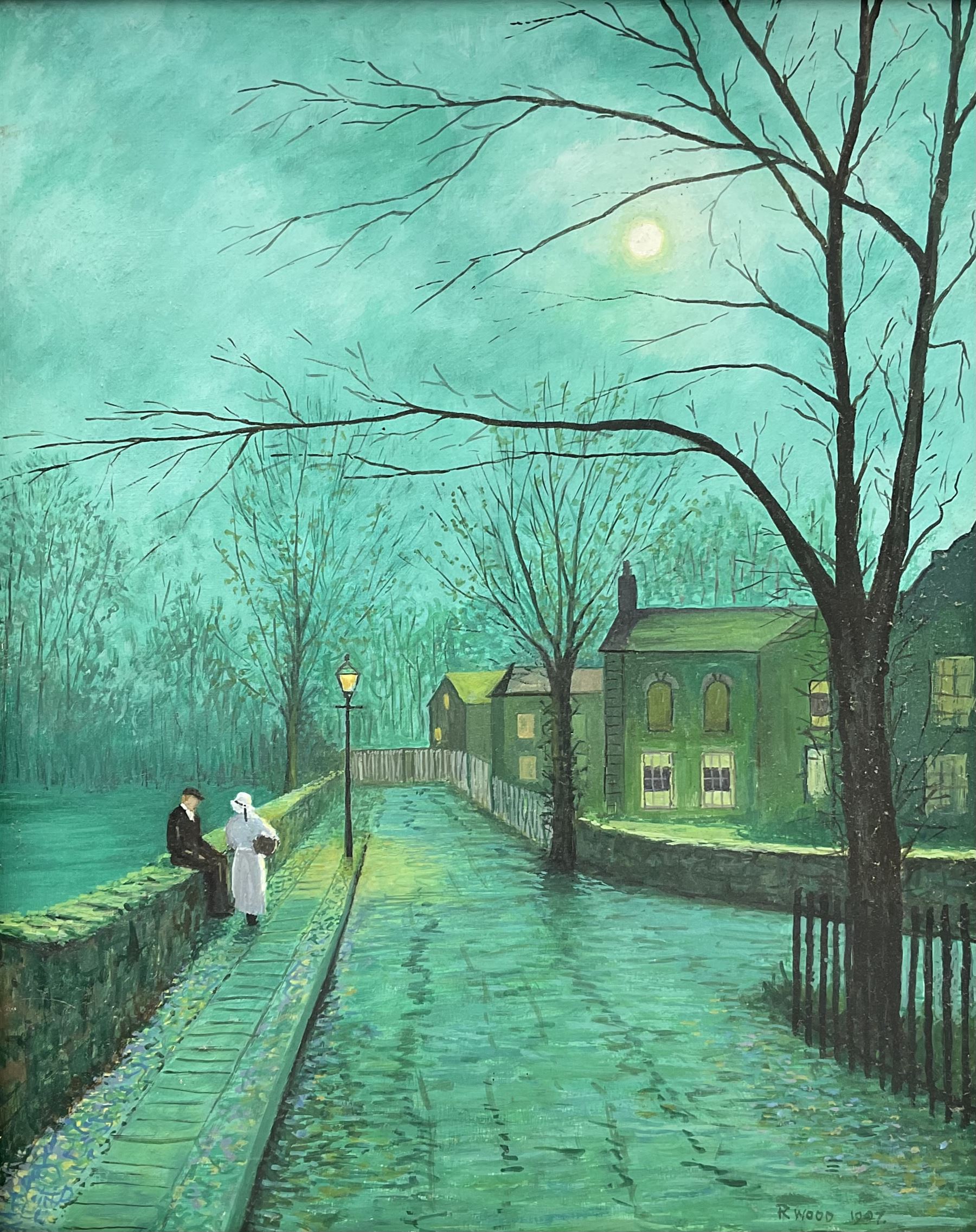 Robert Wood (British 20th century) after Atkinson Grimshaw: Moonlight Street scenes, two oils on board signed and dated (19)94/97, 46cm x 37cm (2)