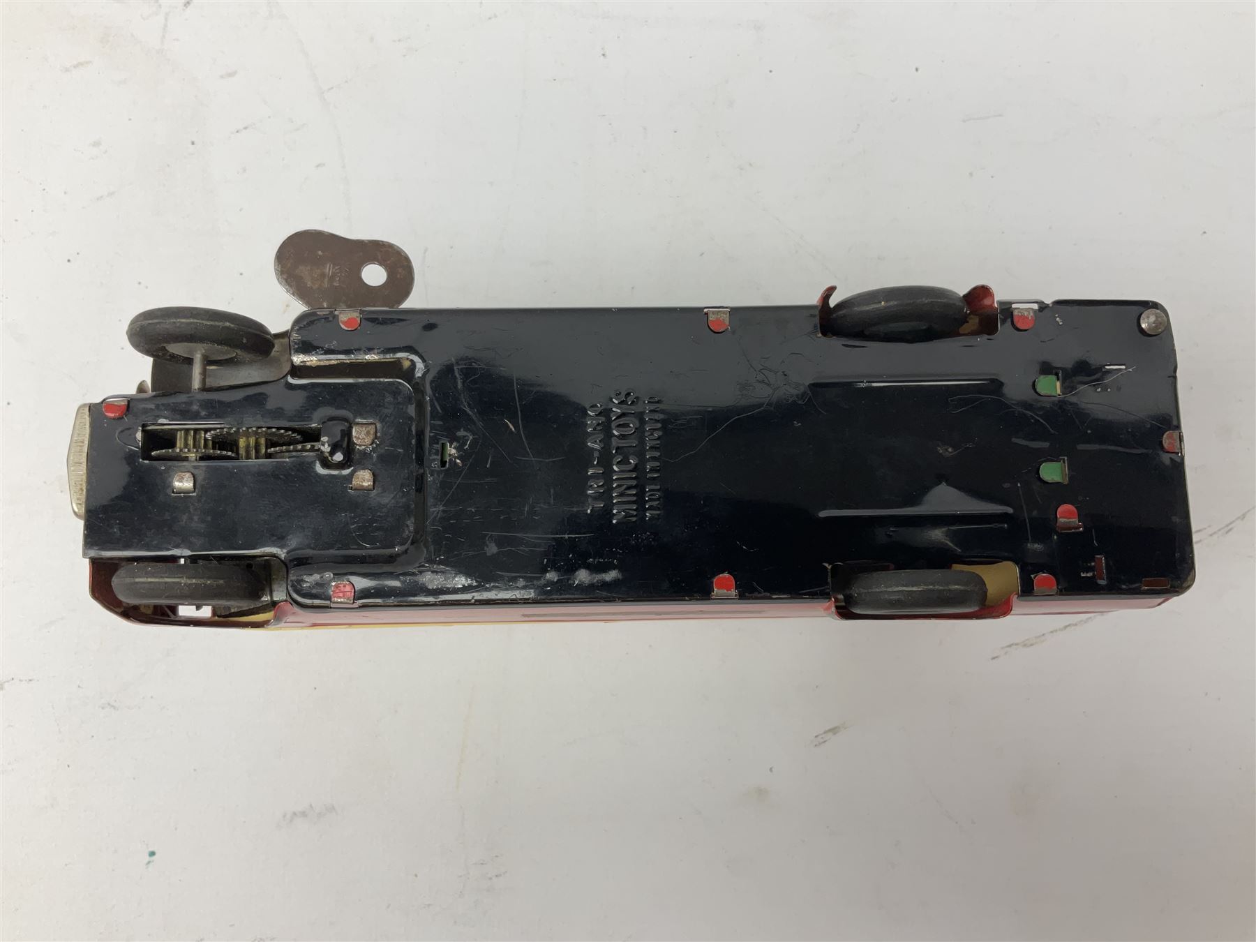 Tri-ang Minic tin-plate clockwork - London Transport Routemaster double decker bus 'Route 14 Putney' with Bovril and Tri-ang Pedal Motors advertisements; and Refuse Wagon with three sliding compartments; both unboxed (2)