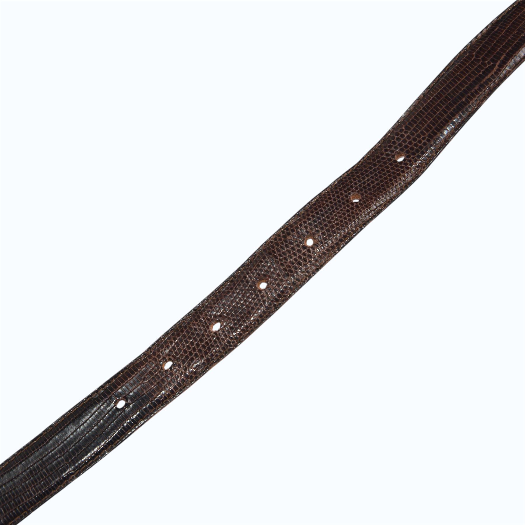 Tiffany & Co. brown lizard leather belt, stamped Tiffany & Co., Genuine Lizard, Made in USA, fitted with an Hermes style gold-tone H-shaped buckle, belt length 123cm