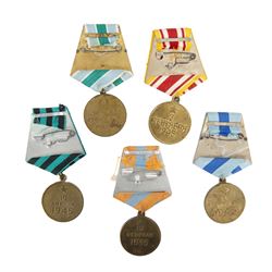 WWII Soviet Russia five medals, comprising Defence of the Polar Regions (Var.1), Victory over Japan, Capture of Vienna (Var.2), Capture of Budapest (Var.2) and Capture of Konigsberg  (Var.1)