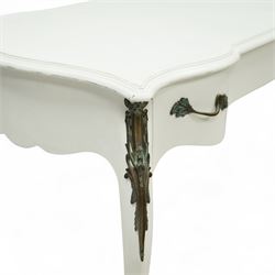 And So To Bed - French design white painted dressing table, serpentine top over two drawers, with decorative mounts and shaped cabriole legs
