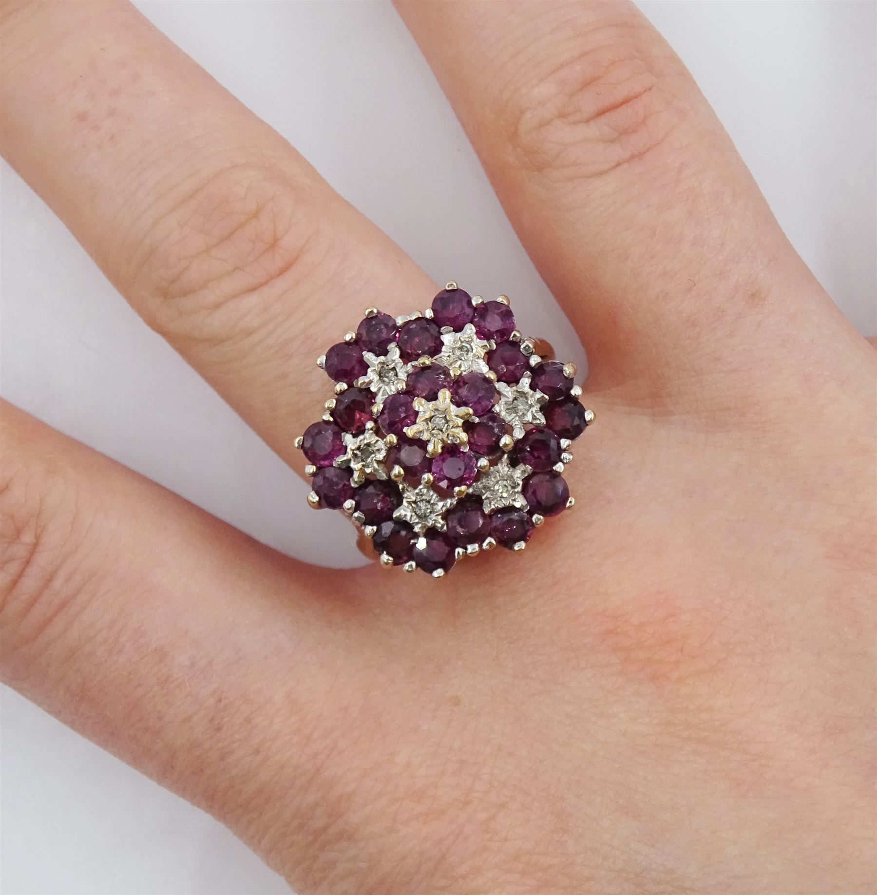 9ct ruby and diamond  flower cluster ring, Birmingham 1980