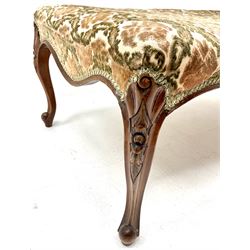 Large French style stool, upholstered in a beige ground floral patterned fabric, apron, floral carved cabriole feet 
