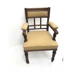 Set ten (8+2) late Victorian walnut dining chairs, moulded frames, upholstered seats and backs, the carvers with upholstered arms, turned and carved front supports, on ceramic castors, carver seat width - 58cm