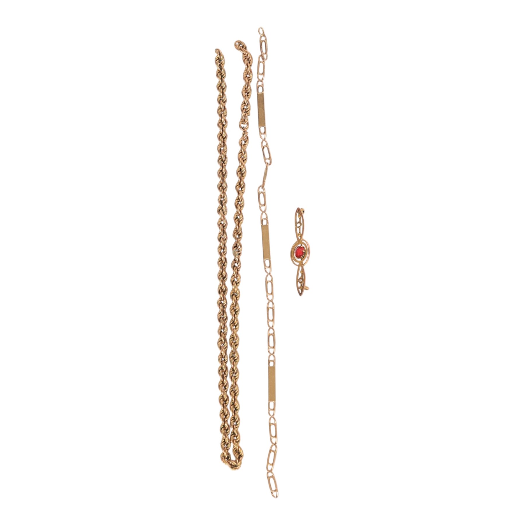 9ct gold jewellery oddments, including stone set brooch front and two chains