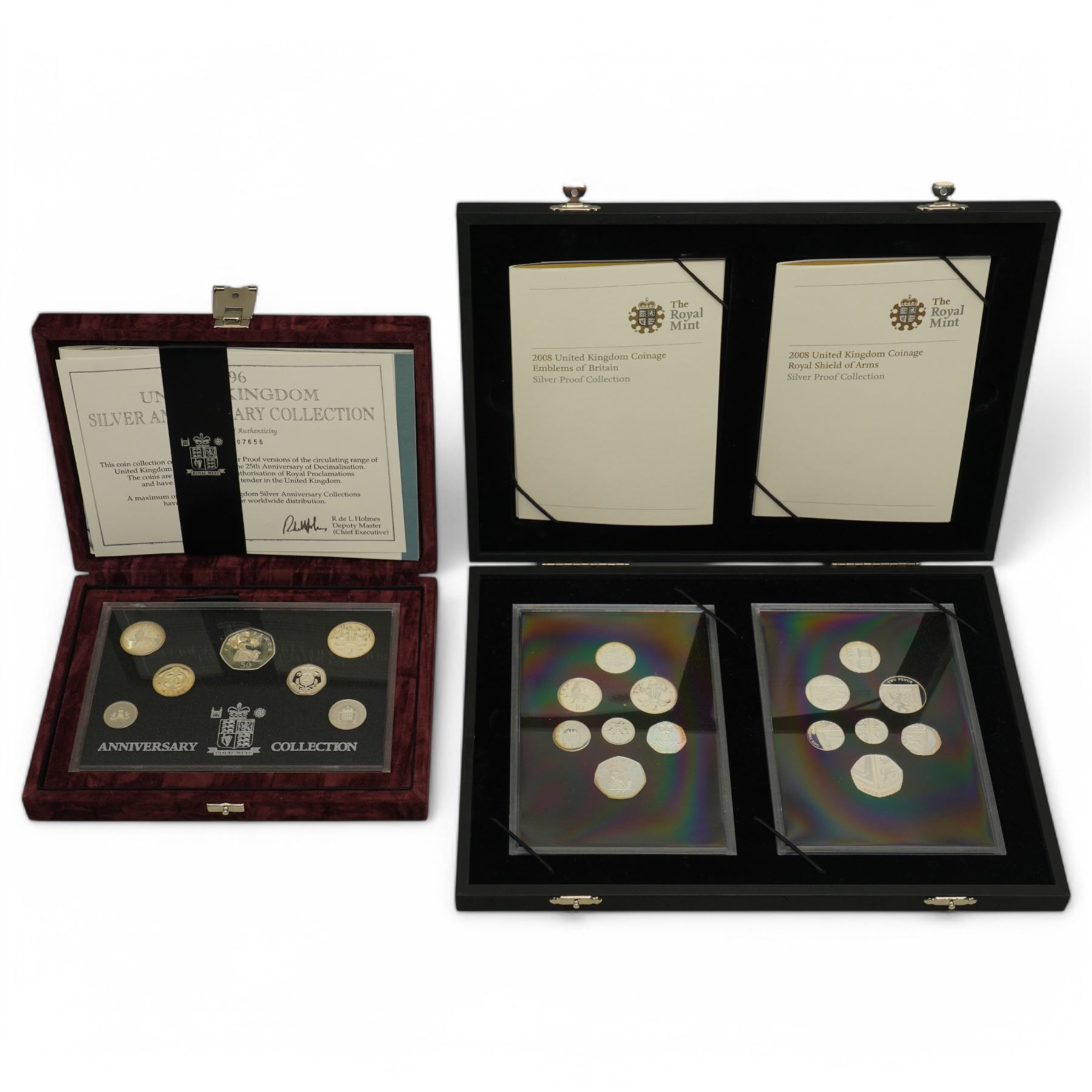 The Royal Mint United Kingdom 1996 silver proof 'Anniversary Collection' and 2008 silver proof 'Emblems of Britain' and 'Royal Shield of Arms' coin collections, cased with certificates