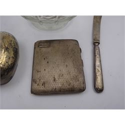 1930s silver cigarette case, with engine turned decoration and engraved initials to one corner, hallmarked Frederick Field, Birmingham 1931, together with a glass bowl with silver rim and a silver handled knife, with EPNS blade