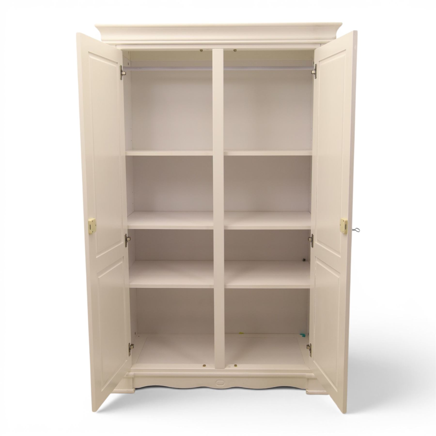 Modern white painted double wardrobe, fitted with two panelled doors, enclosing a hanging rail and shelving, raised on bracket feet