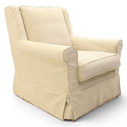 Wesley Barrel - two seater sofa and matching armchair,with scrolled arms and loose cushions, beige chenille fabric, raised on castors  (Armchair: H 100cm, D 100cm, W 87cm)