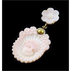 19th century gold conch shell pendant / brooch and matching earrings, each with carved bust shell of a cherub / child and flower head decoration, the earrings suspending a further flower head stud