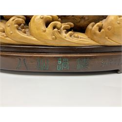 Large Chinese wood carving, depicting the eight immortals crossing the sea, H46cm, L78cm 