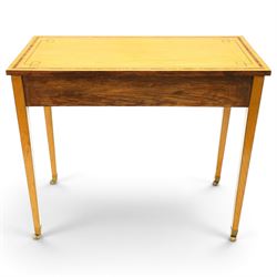 Pair of George III design inlaid satinwood console or side tables, rectangular top with mahogany cross-banding and ebony stringing, fitted with two drawers with brass ring handles, on square tapering supports with brass cups and castors