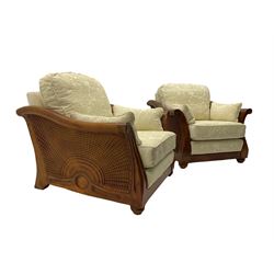 Multi-York - Hardwood framed bergère lounge suite, three seat sofa (W204cm), and pair matching armchairs (W90cm), upholstered in cream floral pattern fabric 