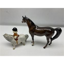 Beswick Champion of Champions Hereford bull figure no 1360, Beswick Norman Thelwell An Angel on Horseback no 2704A, and three other Beswick figures to include Arab Bay horse, Mallard and Comical Duck Family, all with printed or impressed marks beneath, largest H17.5cm