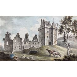 William Beilby (British 1740-1819): Figures by Castle, watercolour unsigned, labelled verso 10cm x 18cm