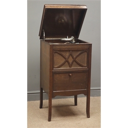  HMV oak cased windup gramophone, hinged lid top, fall front compartment (W45cm, H87cm, D43cm), with a large selection of records  