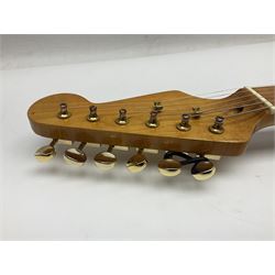 Fender Stratocaster style electric guitar in metallic blue with Rio Grande pick-ups and Fender back-plate L98cm; in Fender soft carrying case