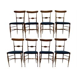 Campanino Chiavari by Fratelli Levaggi - circa. 1950s set eight walnut dining chairs, seats upholstered in blue fabric, 
