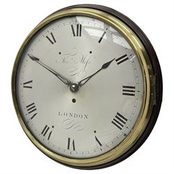 Thomas Moss of London – late 18th century 8-day fusee wall clock c1790, 12” silvered brass dial within a cast brass bezel, short Roman numerals and minute track with matching pierced steel hands, four pillar timepiece movement with a recoil anchor escapement and wire driven fusee, case with lower and side pendulum regulation doors. With pendulum and key.
Thomas Moss worked on Ludgate Street from 1775 and was a member of the clockmakers company 1786-d.1827.
