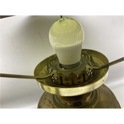 Brass oil lamp converted to electricity with leaded green and cream shade, together with another matching shade, lamp H45cm