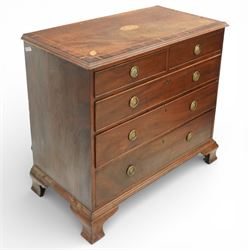 George III crossbanded mahogany chest, rectangular top with crossbanded edge and oval satinwood medallion, two short over three long graduated drawers with brass swan neck handles, raised on shaped bracket feet